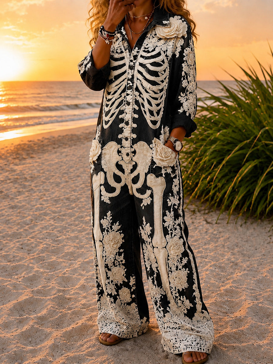 Women's Retro Style Art Print Washed V-Neck Cotton Denim Patchwork Jumpsuit